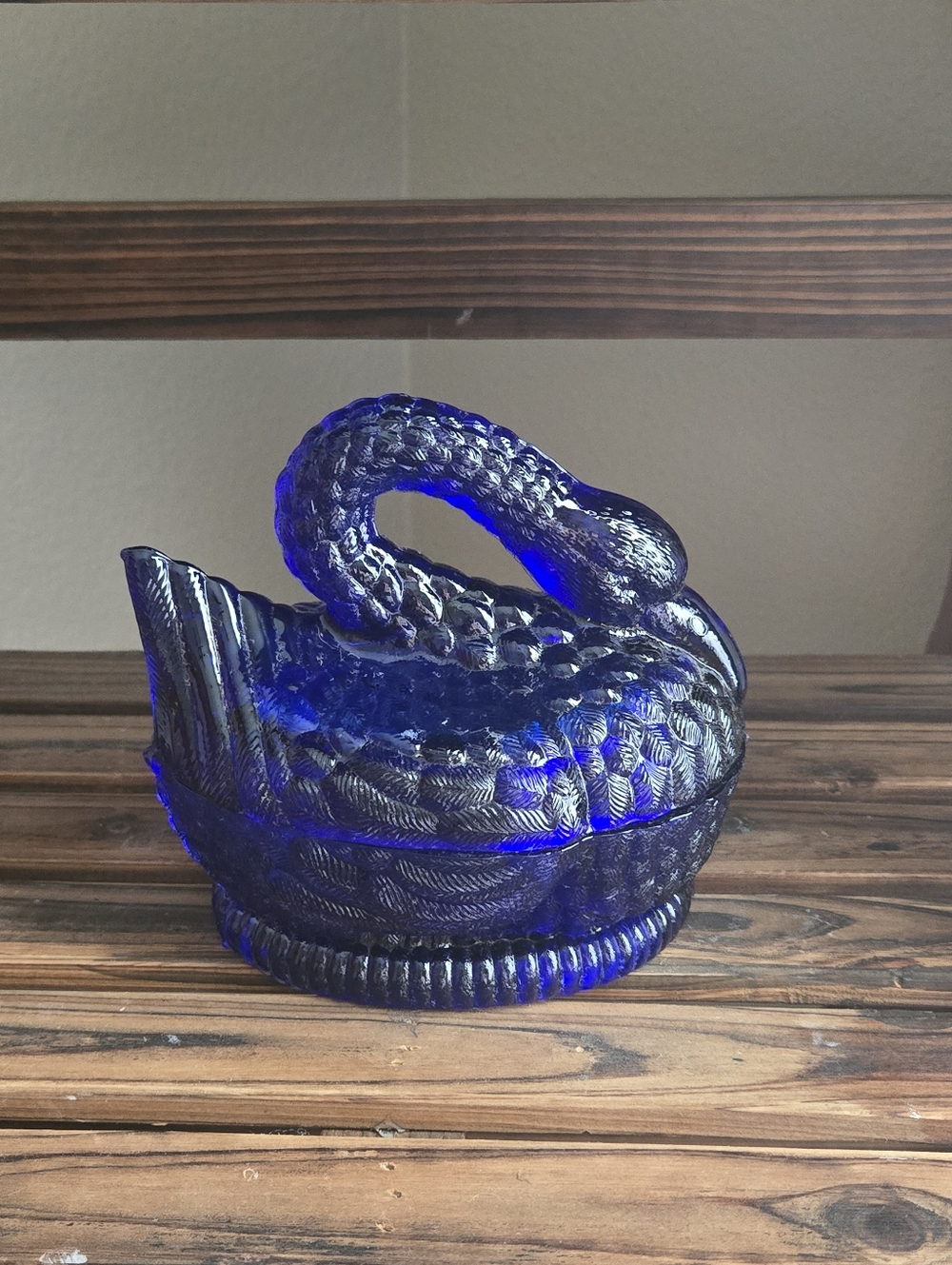 VTG 70s Cobalt Blue Hsinchu Glass Swan on Nest Decorative Candy Trinket Dish